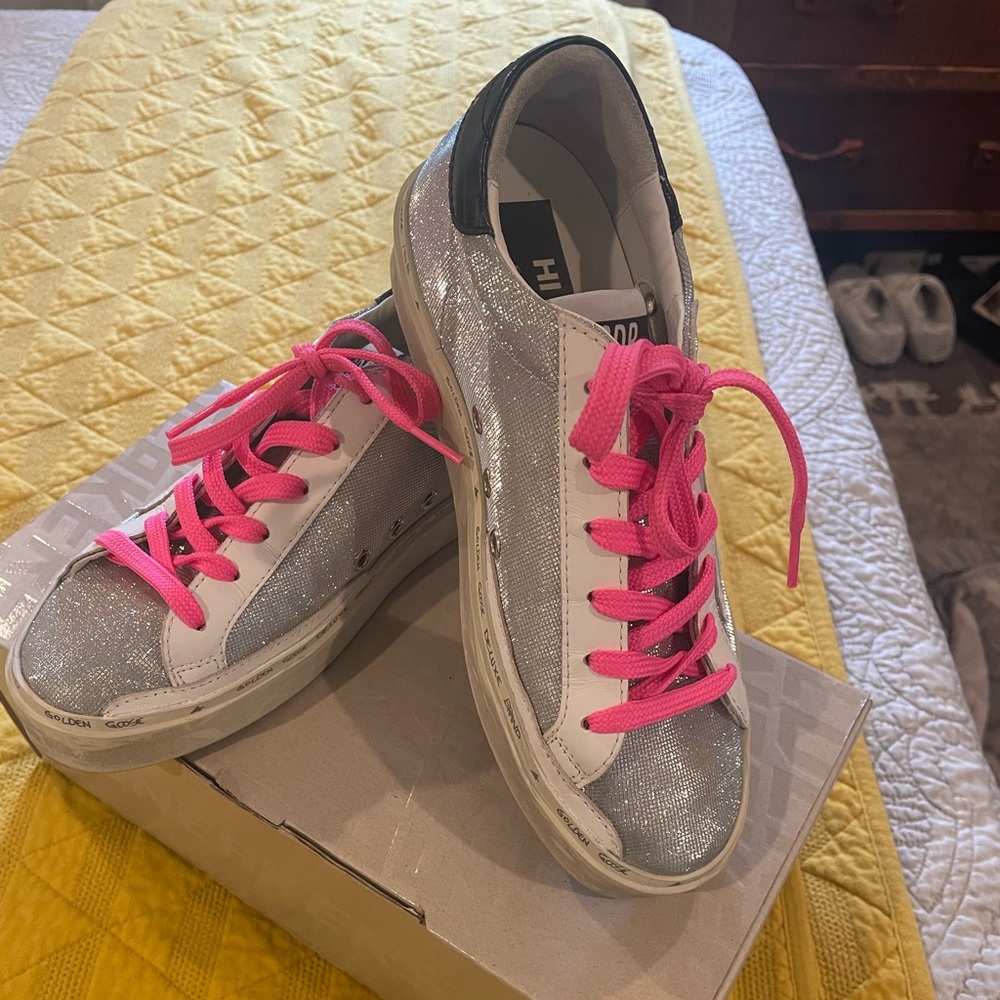Women’s sz 37 Golden Goose Hi Star Checkered Glitter Sneakers